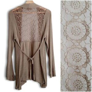 ME & DEE Italy Open Front Fine Knit Cardigan Floral Medallion Lace Insert Sz S